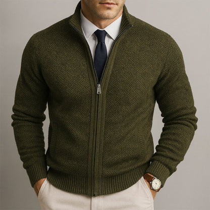 Men's textured zip sweater with mock neck, ribbed trims and front pockets