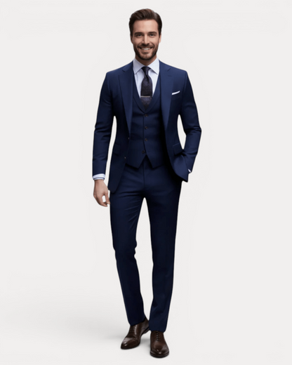 Men's three-piece suit with notched lapels, buttoned waistcoat and tailored trousers