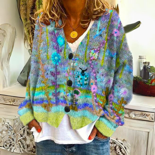 Women's multicolour striped cardigan with floral embroidery and button front