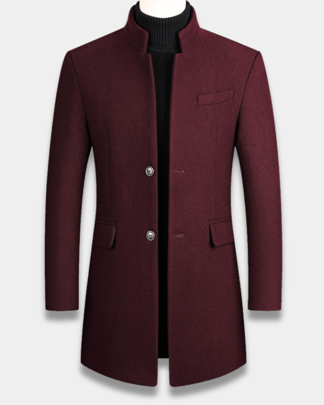 Men's long structured coat with mandarin collar, button front and flap pockets