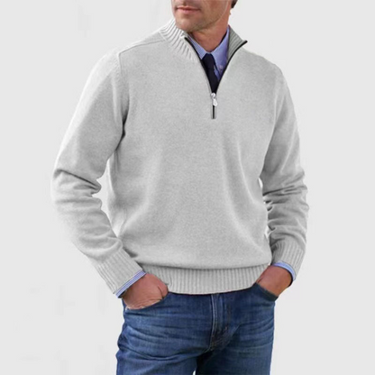 Men's half-zip mock neck sweater with long sleeves and ribbed trims