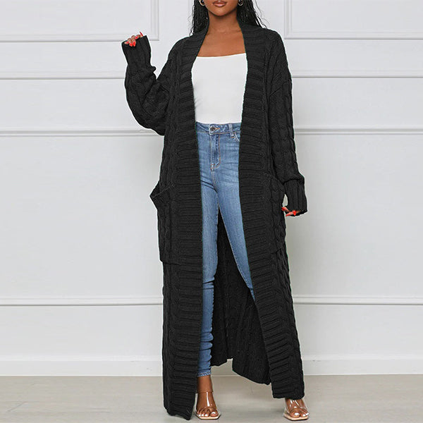 Women's longline cable knit cardigan with open front and front pockets