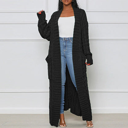 Women's longline cable knit cardigan with open front and front pockets