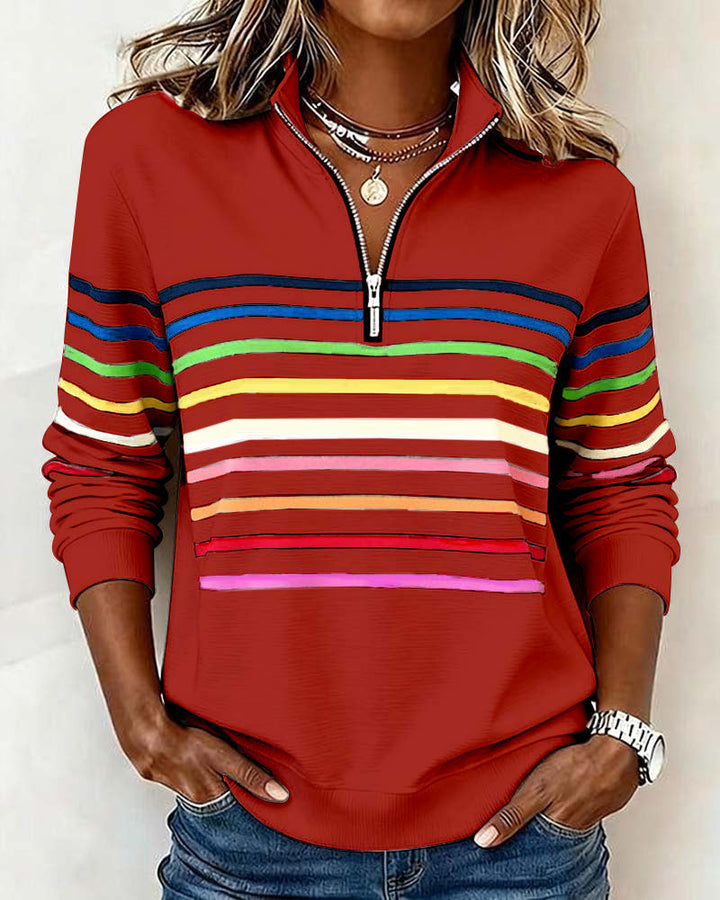 Women's multicolour striped half-zip sweatshirt with mock neckline
