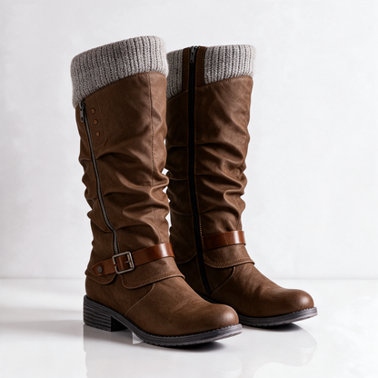 Women's slouch knee-high boots with buckle straps and low block heels