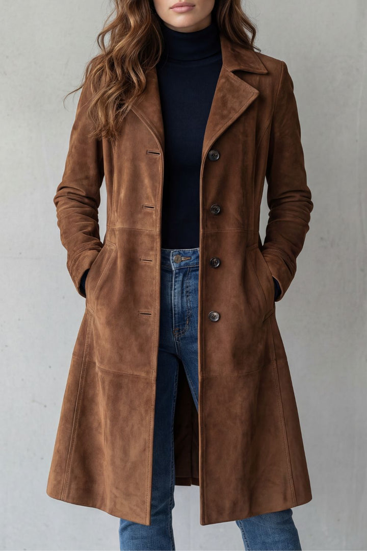 Women's longline coat with notched lapels, button front and hip pockets