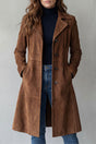 Women's longline coat with notched lapels, button front and hip pockets