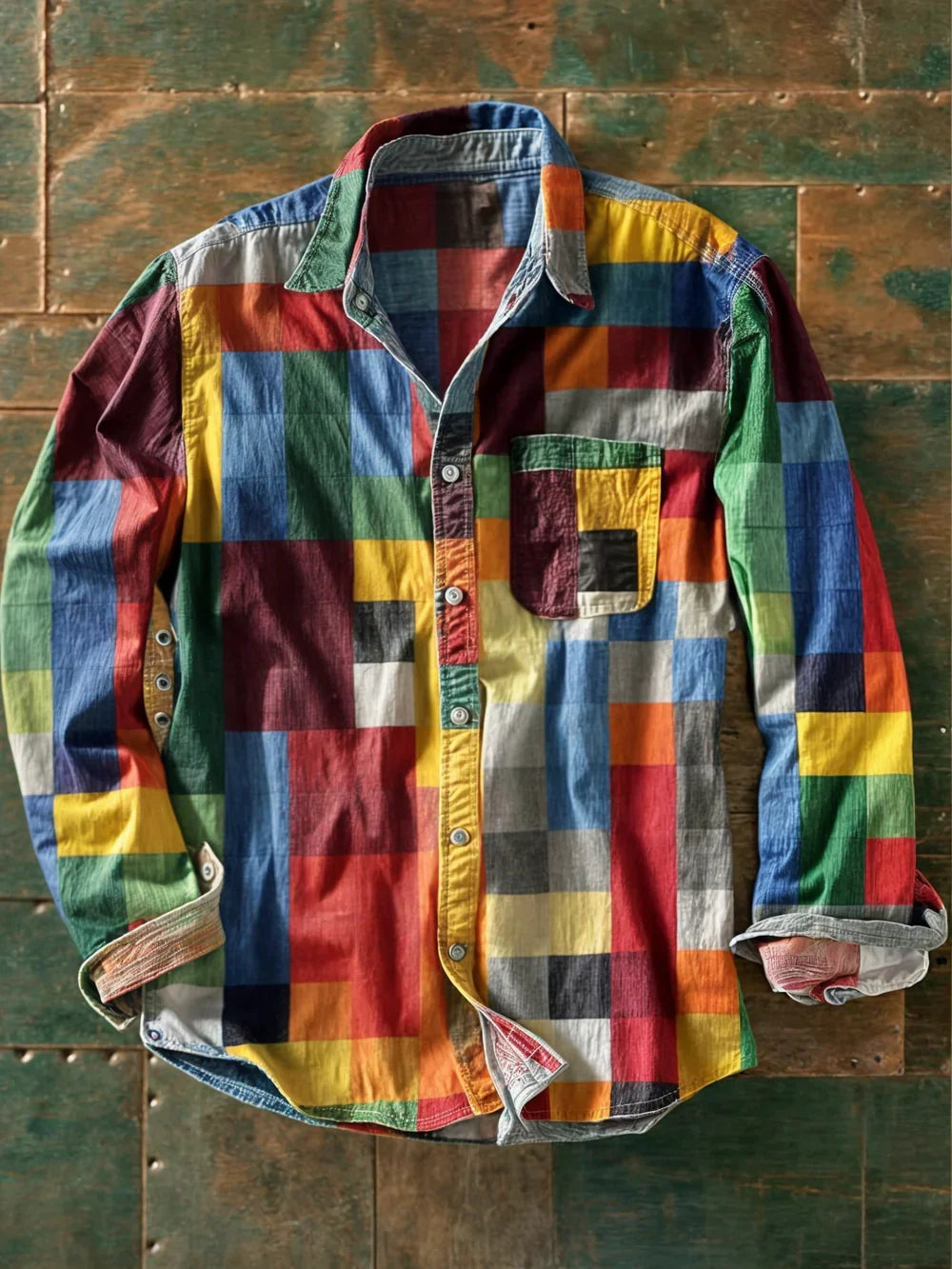 Men's multicolor plaid long-sleeve button-up shirt with chest pocket and curved hem