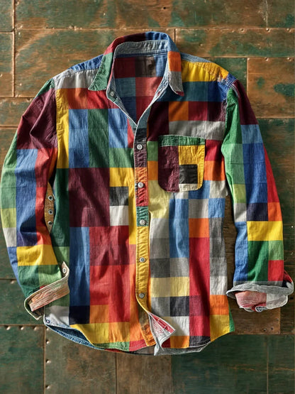 Men's multicolor plaid long-sleeve button-up shirt with chest pocket and curved hem