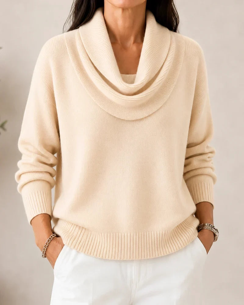 Women's knit sweater with draped cowl neckline, long sleeves and ribbed trims