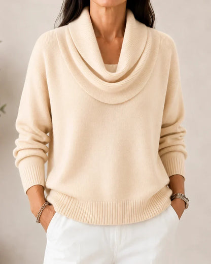 Women's knit sweater with draped cowl neckline, long sleeves and ribbed trims