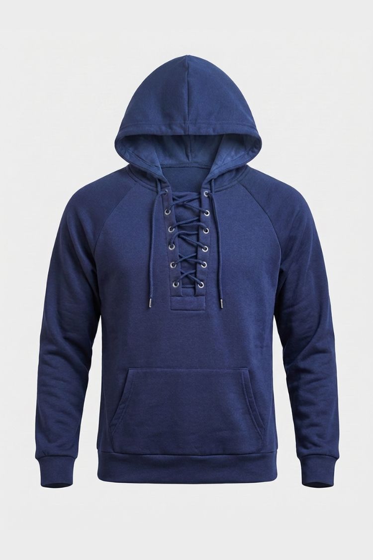 Men's hooded sweatshirt with lace-up front, long sleeves and kangaroo pocket