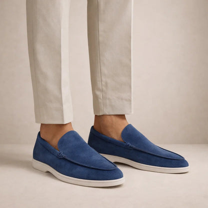 Men's slip-on moc toe loafers with stitched trim and light soles