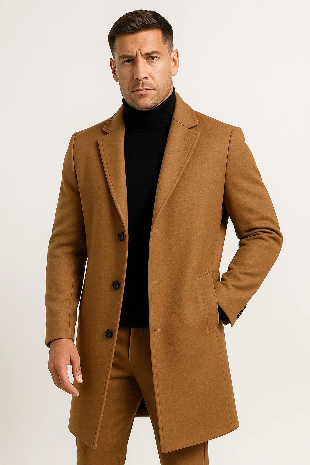 Men's long trench coat with notched lapels, button front and side pockets