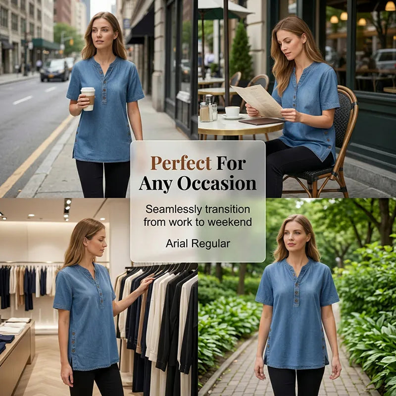 Women's Lightweight Denim Tunic — V-Neck Short-Sleeve Button Top