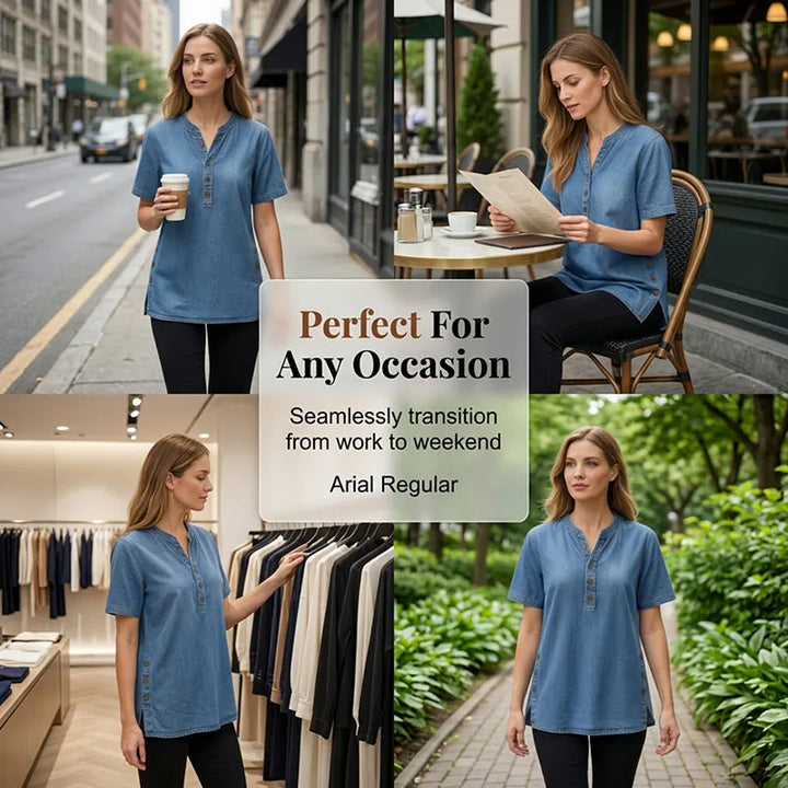 Women's Lightweight Denim Tunic — V-Neck Short-Sleeve Button Top