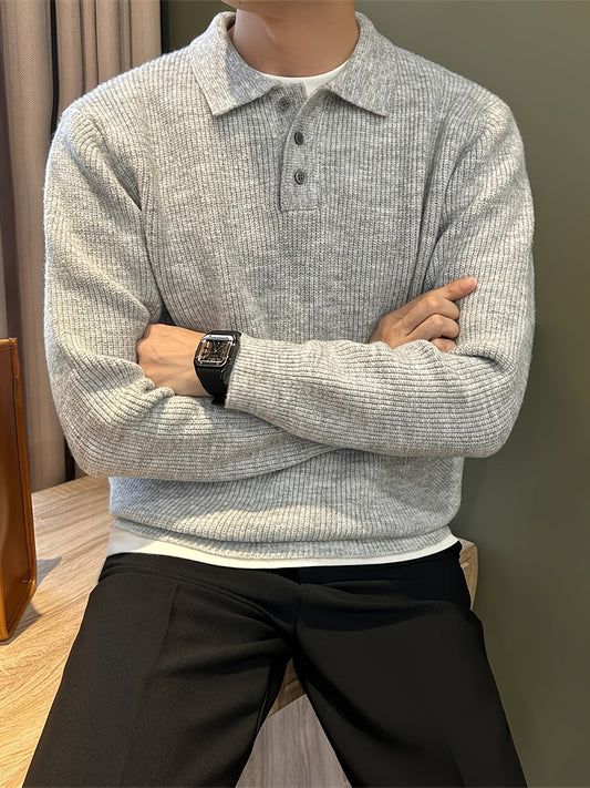 Men's ribbed knit polo sweater with point collar and long sleeves