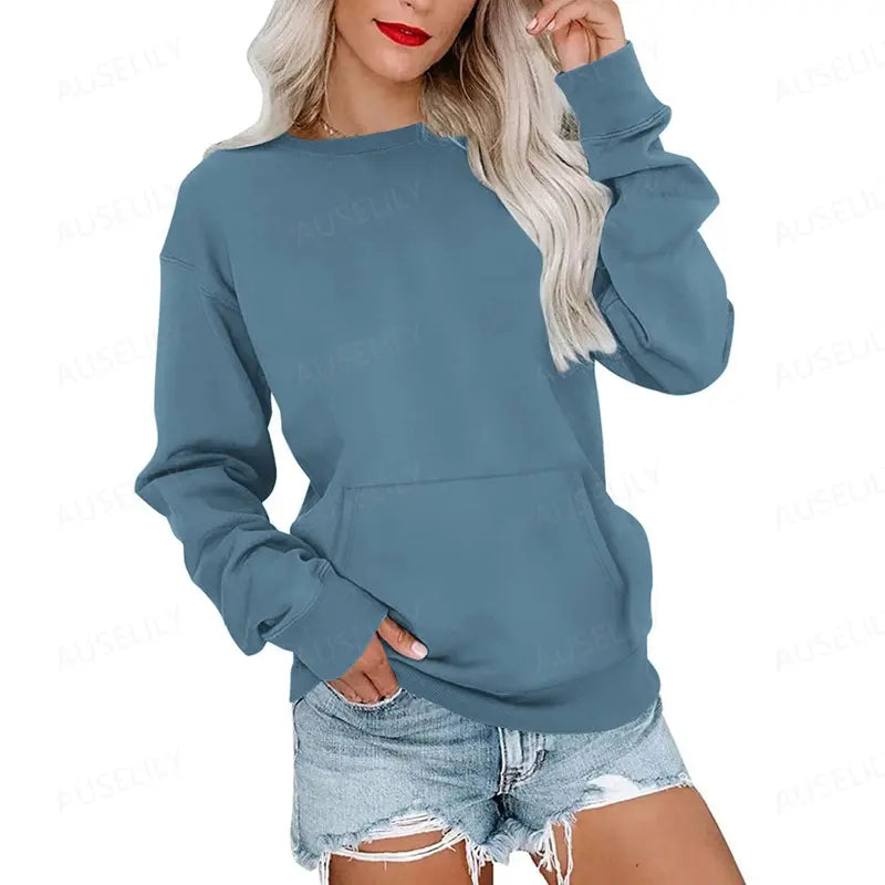 Women's long-sleeve crewneck sweatshirt with front pouch pocket