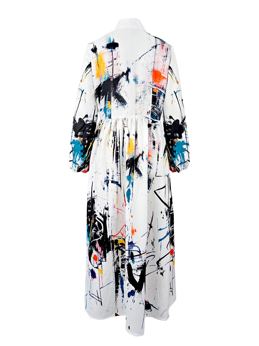 Women's white abstract print maxi shirt dress with stand collar