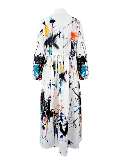 Women's white abstract print maxi shirt dress with stand collar