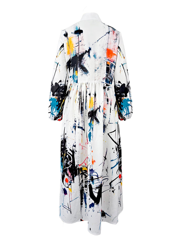 Women's white abstract print maxi shirt dress with stand collar