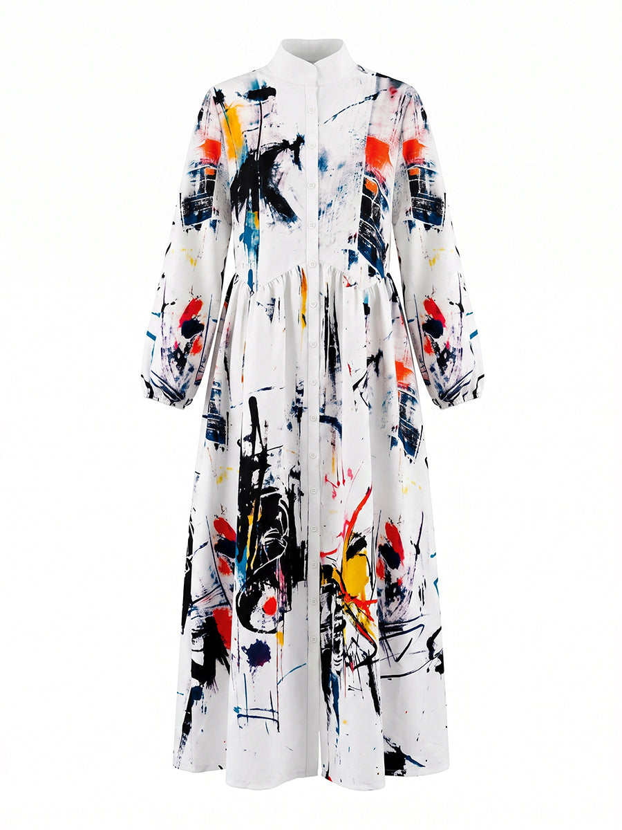 Women's white abstract print maxi shirt dress with stand collar