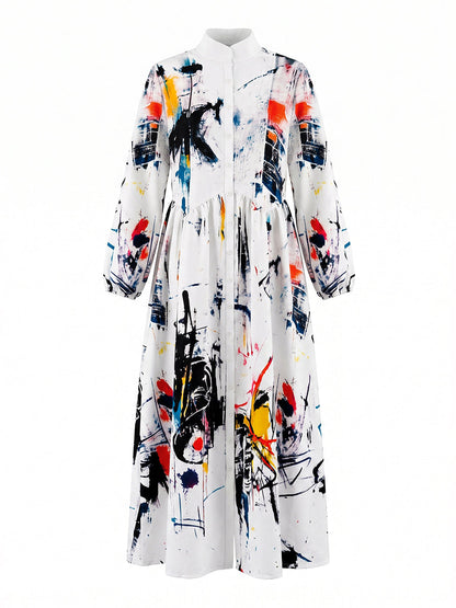Women's white abstract print maxi shirt dress with stand collar