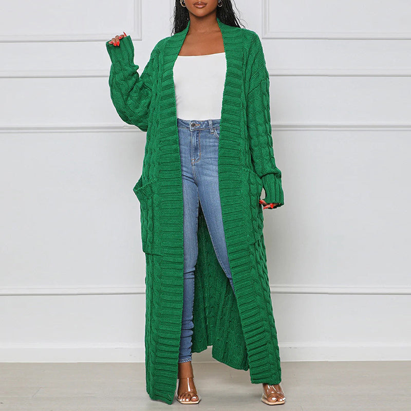 Women's longline cable knit cardigan with open front and front pockets
