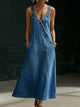 Women's Denim Maxi Dress — V-Neck Asymmetric Button-Front Long Dress
