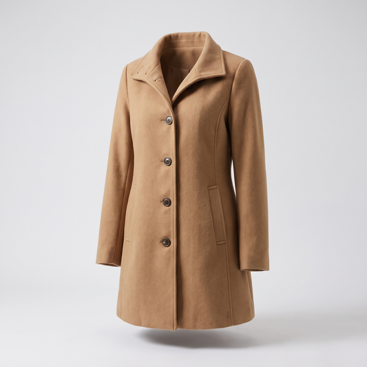 Women's structured trench coat with long sleeves, button front and collared neckline