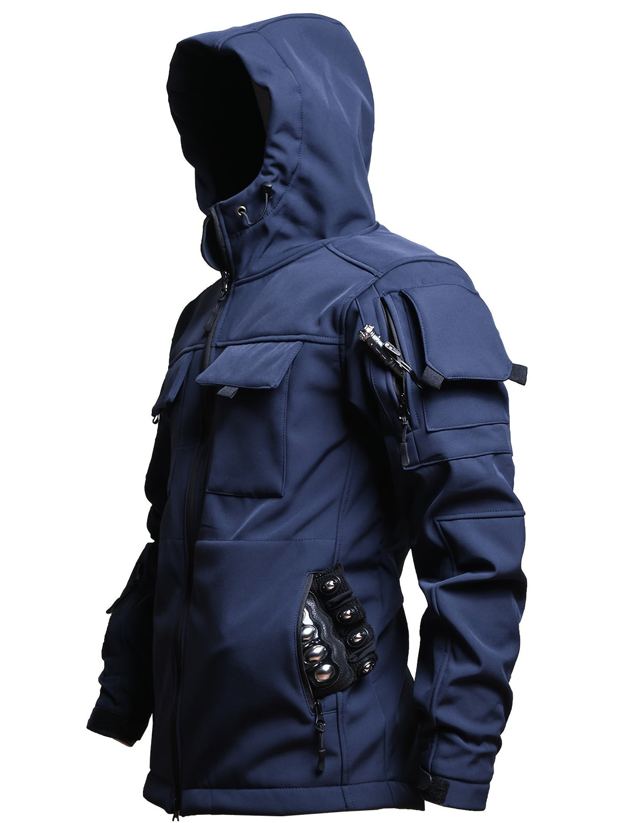Men's hooded softshell jacket with long sleeves and multiple utility pockets
