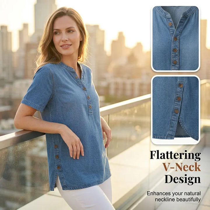 Women's Lightweight Denim Tunic — V-Neck Short-Sleeve Button Top