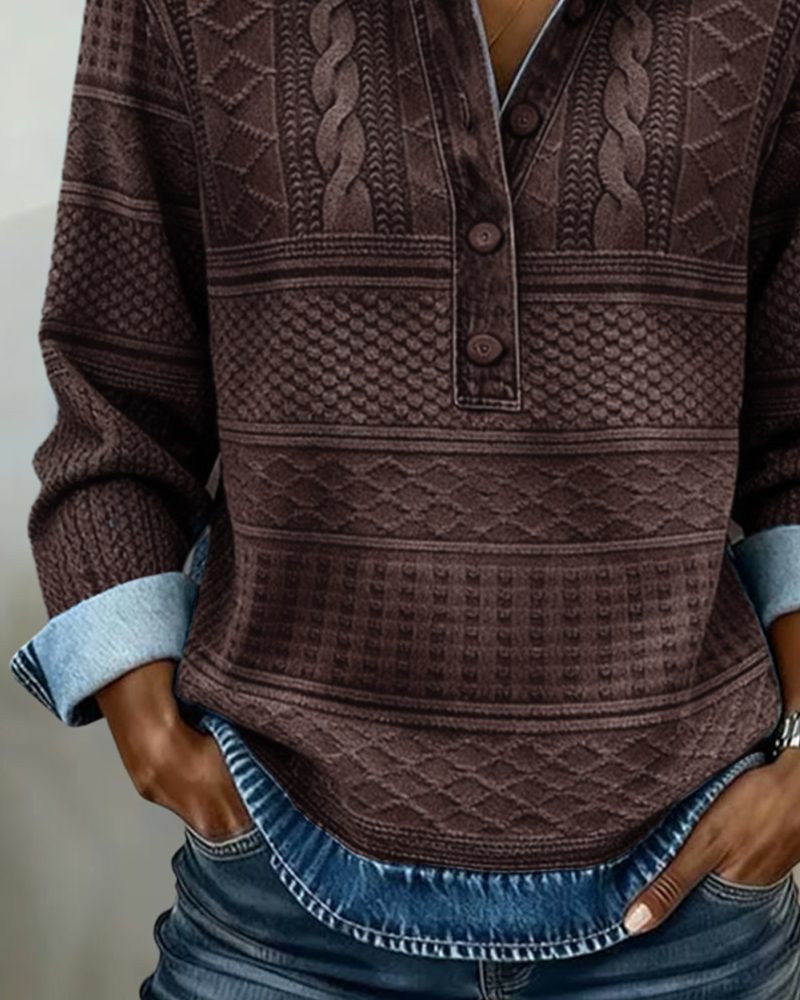 Women's textured collared sweatshirt with half button placket and long sleeves