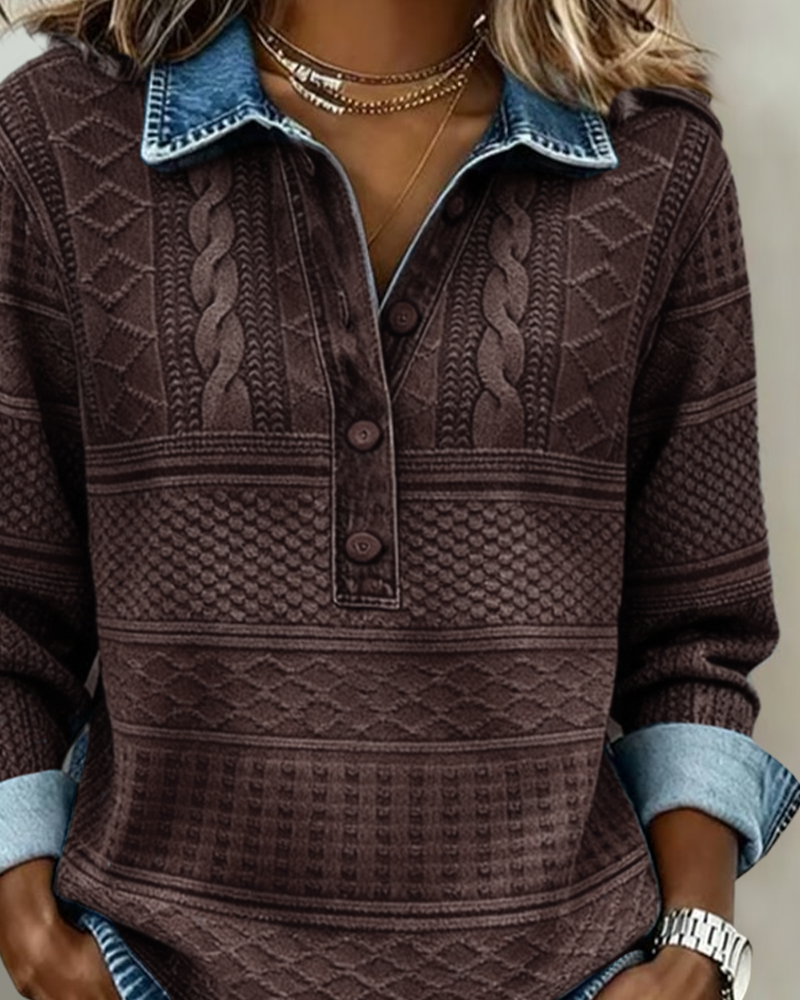 Women's textured collared sweatshirt with half button placket and long sleeves