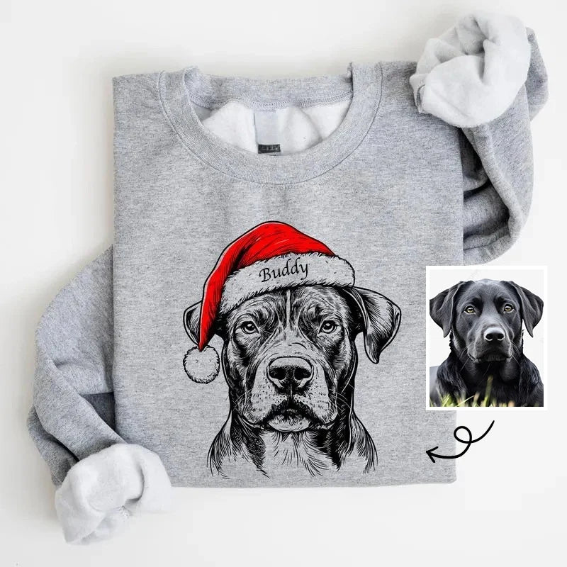 Unisex grey Christmas sweatshirt with dog Santa hat design, shown on family members around decorated kitchen