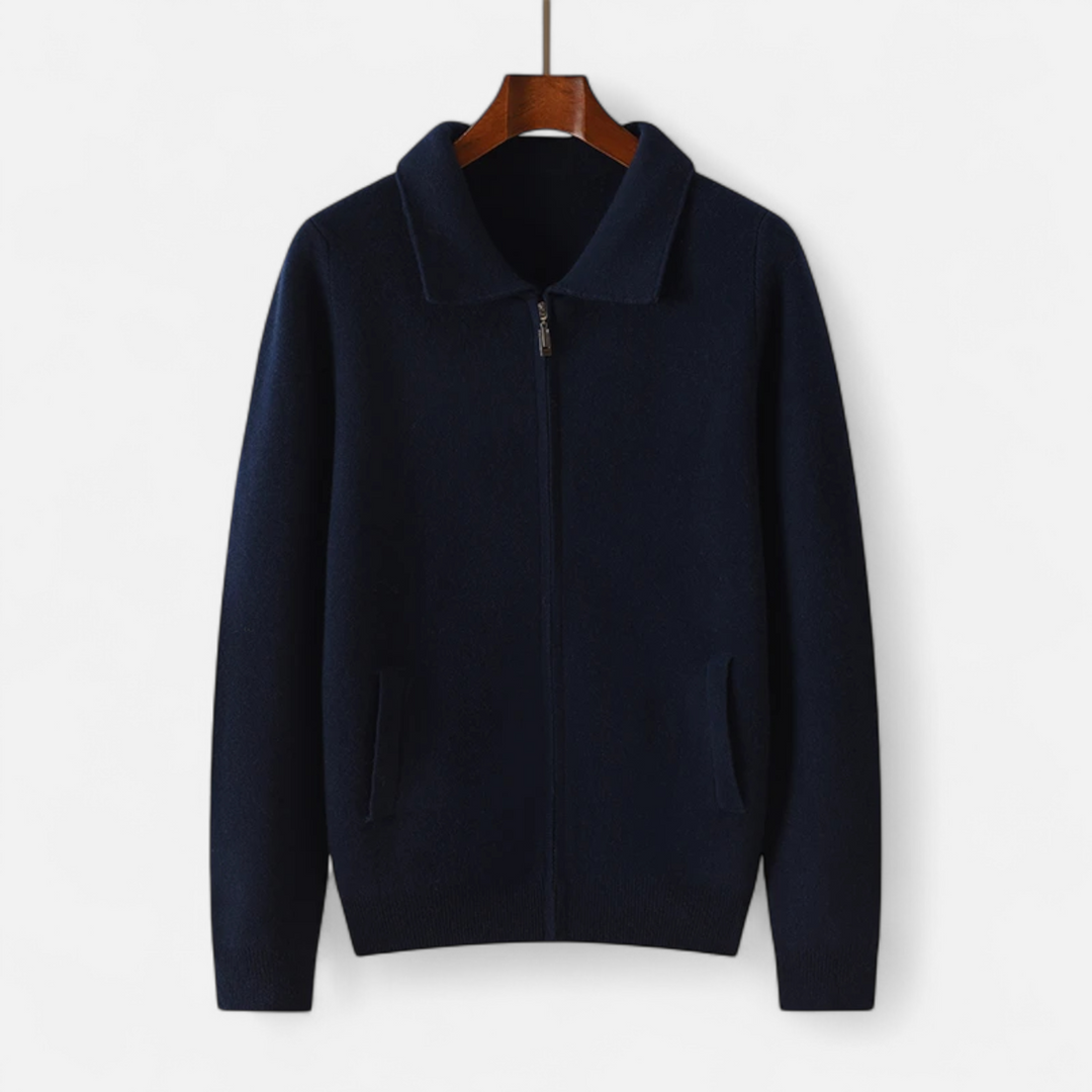 Men's zip-front sweater with polo collar and front pockets
