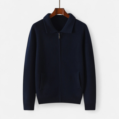 Men's zip-front sweater with polo collar and front pockets
