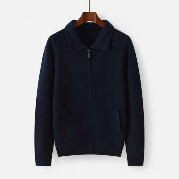 Men's zip-front sweater with polo collar and front pockets