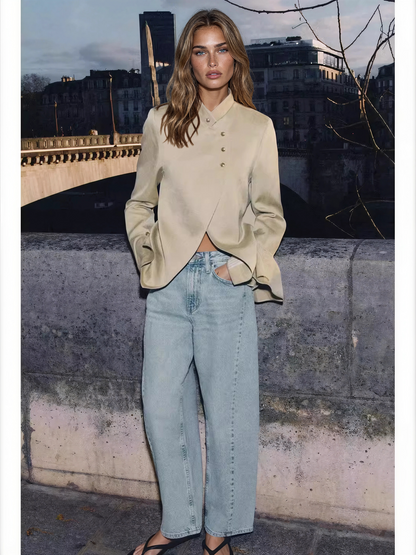 Women's cropped jacket with mandarin collar, button front and flared sleeves