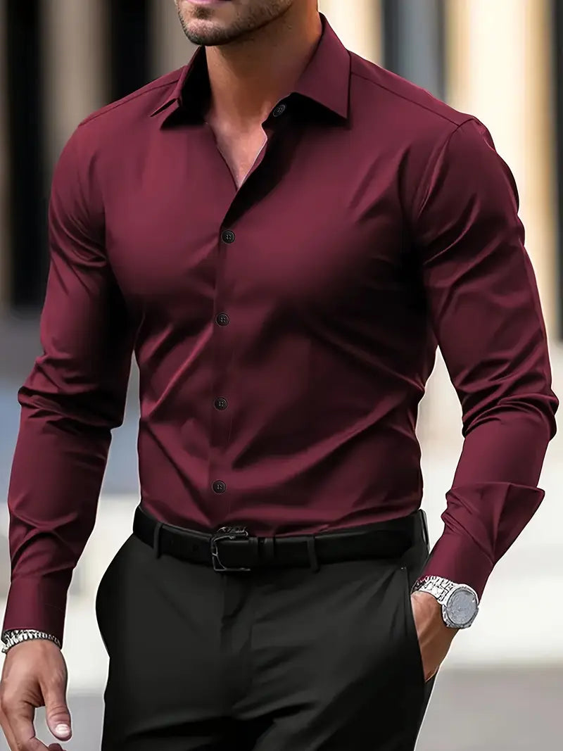 Men's slim fit long sleeve shirt with pointed collar and button front