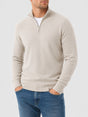 Men's V-neck sweater with half-zip closure in neutral tone, long sleeves