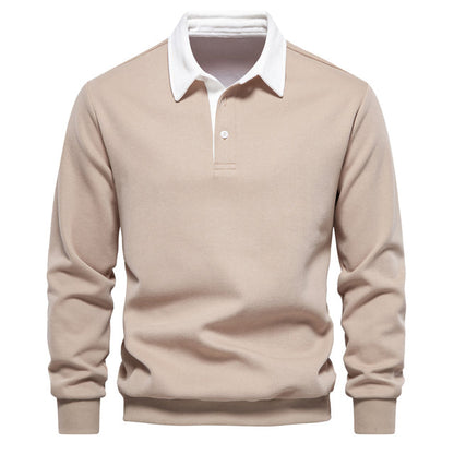 Men's long-sleeve polo sweater with contrast collar and ribbed trims