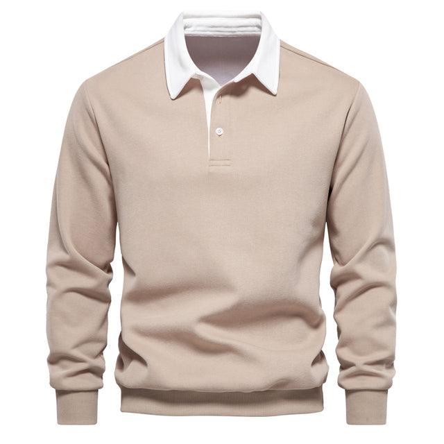 Men's long-sleeve polo sweater with contrast collar and ribbed trims