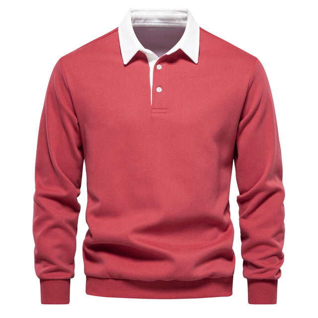 Men's long-sleeve polo sweater with contrast collar and ribbed trims