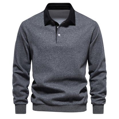 Men's long-sleeve polo sweater with contrast collar and ribbed trims