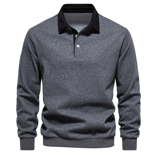 Men's long-sleeve polo sweater with contrast collar and ribbed trims