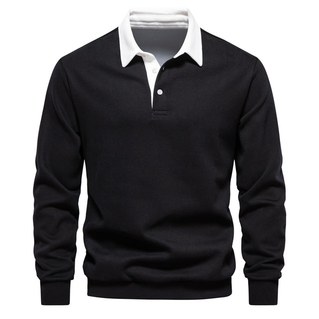 Men's long-sleeve polo sweater with contrast collar and ribbed trims
