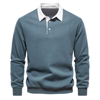 Men's long-sleeve polo sweater with contrast collar and ribbed trims