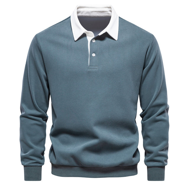 Men's long-sleeve polo sweater with contrast collar and ribbed trims