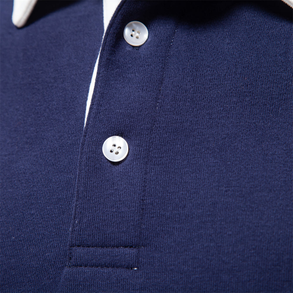 Men's long-sleeve polo sweater with contrast collar and ribbed trims